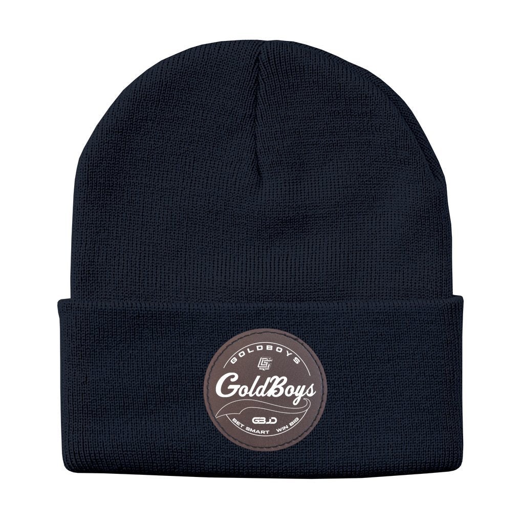 GoldBoys Stamp (White) Knit Beanie with Round Leather Patch